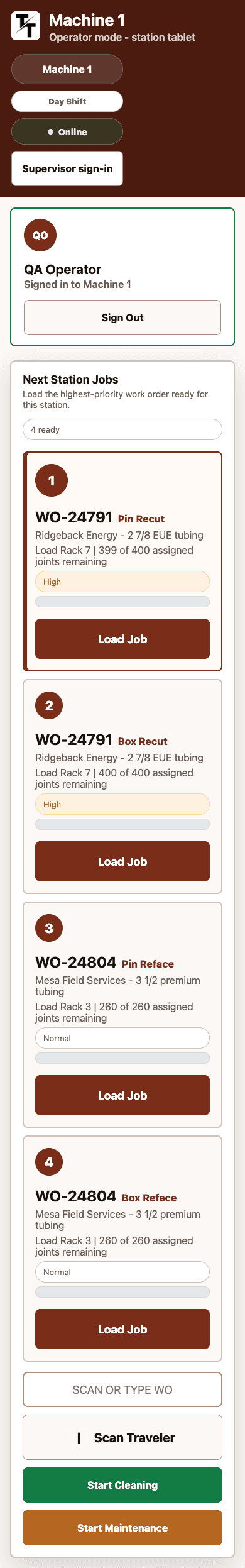 PipeTrace mobile station queue showing prioritized work orders
